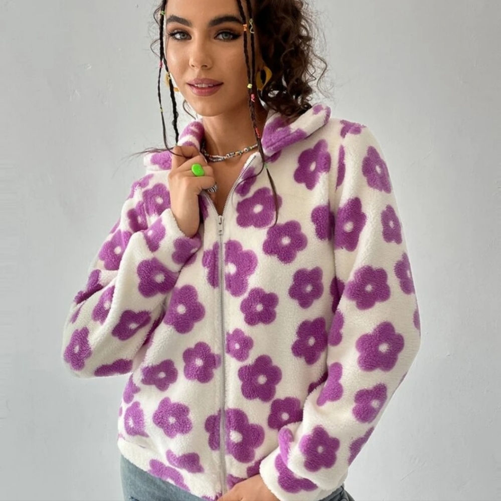 Floral Pattern Zipper Teddy Jacket